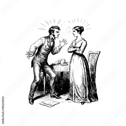 Man Arguing with Woman - Vintage Engraving Style.