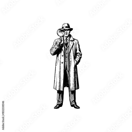 male Detective with Magnifying Glass - Vintage Engraving Style.