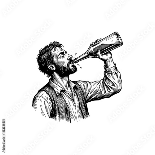 Man Drinking Bottle - Vintage Engraving Style.