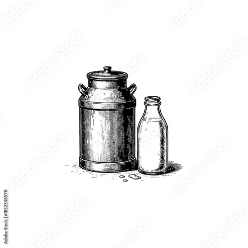 Milk Can and Bottle - Vintage Engraving Style.