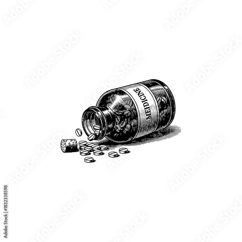 Medicine Pills Bottle Spill - Vintage Engraving Style.