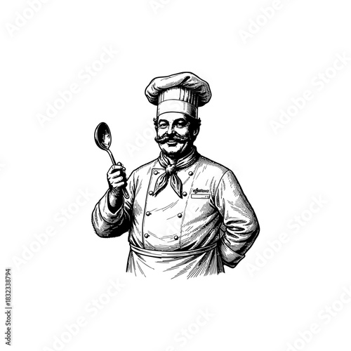 Vintage Smiling Chef with Spoon - Vintage Engraving Style.