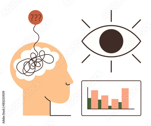 Human head entangled with confusion, a questioning balloon, a focused eye, and a bar graph. Ideal for problem-solving, cognition, analysis, creativity, focus data visualization abstract thinking