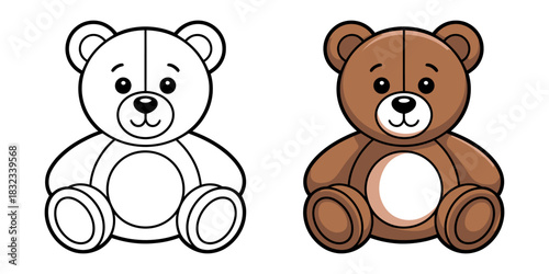 A brown teddy bear is shown next to a black and white outline of a teddy bear.