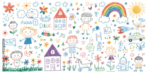 Children's colorful crayon drawings depict a whimsical scene with kids, houses, a rainbow, and a sun.