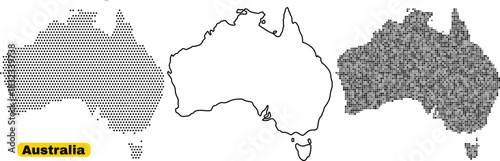 Set of three stylized black and white map outlines of australia showing different texture patterns