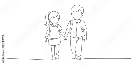 Two children walk hand-in-hand, carrying backpacks, ready for school.