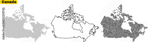 Three different stylized map representations of canada showing outline, dotted pattern, and grid pattern variations