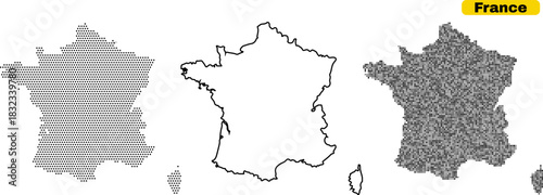 Set of three map outlines of france dotted, simple line, and grid pattern