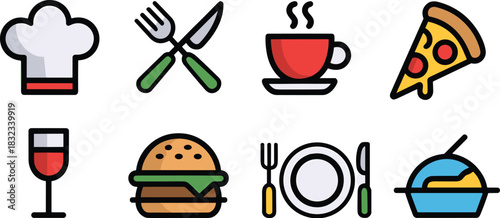 Colorful outline vector icon set representing essential restaurant and dining graphics including a chef hat, crossed cutlery, hot beverage cup, pizza slice, wine glass, burger, place setting, and bowl