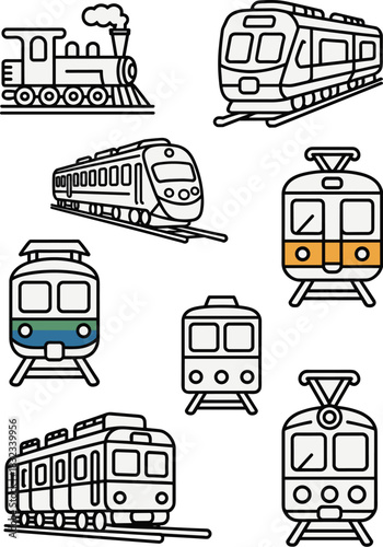 Collection of different railway transport vehicles showcased as detailed minimalist black outline vector icons on a light background, including a traditional steam engine locomotive, modern high-speed