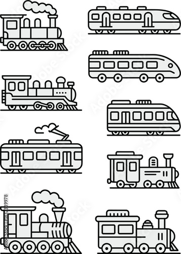 Versatile collection of various railway icons featuring classic steam locomotives, traditional passenger cars, and modern electric high-speed bullet trains rendered in a bold, minimal black outline ve