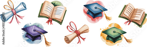 Beautiful watercolor illustration set featuring academic icons like scrolls, rolled certificates, mortarboard graduation caps, and open textbooks, representing success, higher learning, knowledge, uni