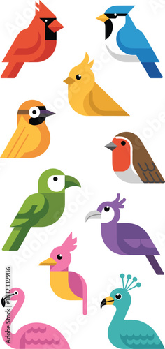 Diverse collection of colorful geometric avian species, including Northern Cardinal, bright Blue Jay, tropical Flamingo, European Robin, and vibrant Parrot, presented as modern flat vector icons ideal