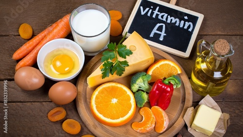 Assorted natural foods high in vitamin A arranged on a wooden plate with chalkboard label. Includes carrots, eggs, milk, cheese, apricots, and bell pepper. AI generated.
