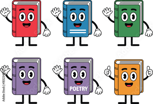 Collection of six happy, friendly, colorful retro cartoon textbook characters waving and giving a thumbs-up, cute vintage rubber hose style illustration for primary education, learning, library, and p