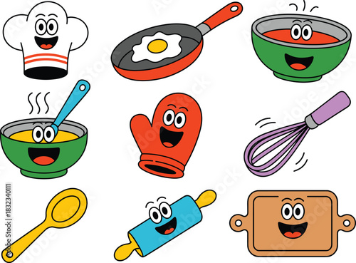 Cheerful cartoon kitchenware utensils collection set featuring happy anthropomorphic faces on a chef hat, frying pan, whisk, rolling pin, oven mitt, and bowls, perfect flat vector icons for children's