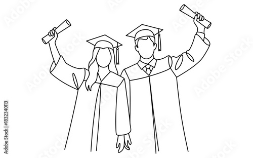 Two graduates in caps and gowns hold up diplomas in celebration.