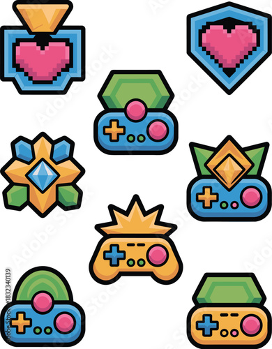 Colorful set of retro pixel art video game achievement icons, stylized controller emblems, and digital asset badges including hearts, power-ups, valuable loot boxes, and cartoon gamepads for modern te