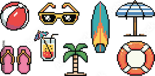 Vibrant pixel art collection of essential summer beach and travel vacation accessory icons: stylish retro sunglasses, swimming life buoy, striped umbrella, flip-flops, long surfboard, tropical palm tr