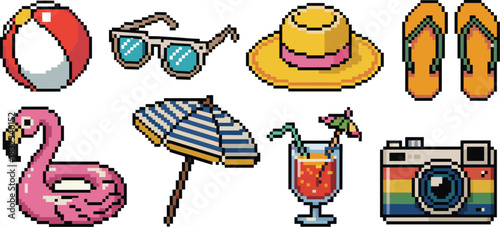 Detailed 8-bit pixel art summer icons set featuring essential beach and travel accessories like a retro camera, cocktail, fun flamingo float, straw hat, flip flops, sunglasses, and striped umbrella, d