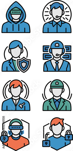 Collection of flat design vector icons showcasing diverse digital job roles, including business safety, security protection, IT consulting, customer support, and futuristic VR/AR technology avatars, p