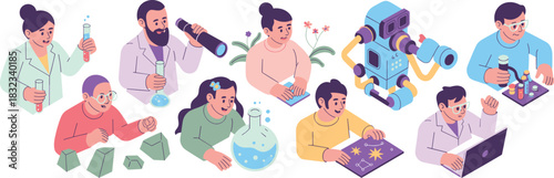 Professional diverse researchers and students actively engaging in comprehensive STEM laboratory experiments including chemistry, medical testing, robotics, and astronomical study, promoting education