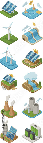 Dynamic isometric illustration set depicting various global energy sources and power generation technologies, covering green sustainable renewable wind, solar, and hydro alongside traditional fossil a