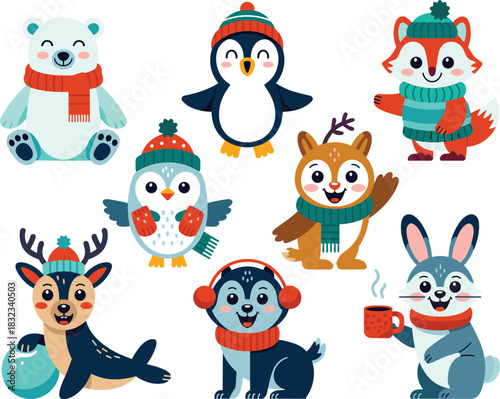 A delightful collection of cute Arctic winter animals wearing festive holiday apparel, including a cheerful polar bear, happy penguin, smiling fox, cozy fawn, playful seal, adorable bunny holding coco