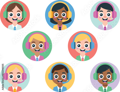 Diverse collection of smiling business people and customer service support representatives flat design vector avatars, agents wearing professional headsets for communication, call center, and online h