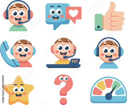 Cheerful customer support and technical assistance vector icons collection featuring call center agents, happy feedback speech bubble, thumbs up satisfaction symbol, star rating, performance metrics g