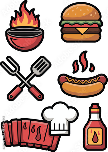 Delicious barbecue and grilling icons set featuring a flaming hot grill, juicy burger, savory hot dog, glazed ribs, chef hat, spatula, and ketchup bottle, styled as modern flat design vector illustrat