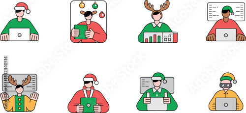 Eight cheerful Christmas technology avatars representing professional developers, programmers, and business workers diligently coding, analyzing digital data, and managing tech projects, illustrated i