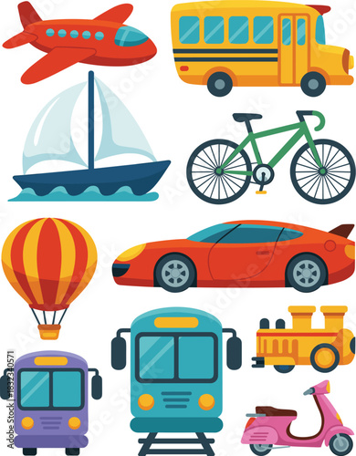 A colorful collection of various transportation vehicles isolated on white, featuring an airplane, school bus, sailboat, hot air balloon, fast sports car, bicycle, purple city bus, metro train, toy lo