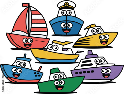 A charming flotilla of seven cheerful, smiling, anthropomorphic cartoon boats and ships, including a sailboat, yacht, cruise liner, and tugboat, sailing happily together; vibrant vector illustration i