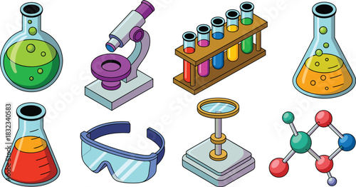 Isometric cartoon vector illustration depicting essential chemistry laboratory equipment, research tools, and instruments like flasks, test tubes, microscope, molecular models, and safety goggles, ide