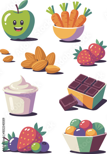 Modern flat design illustration showcasing a vibrant variety of popular snack foods and dessert ingredients, including cartoon apple, fresh vegetables, organic nuts, mixed fruit, rich chocolate, and c
