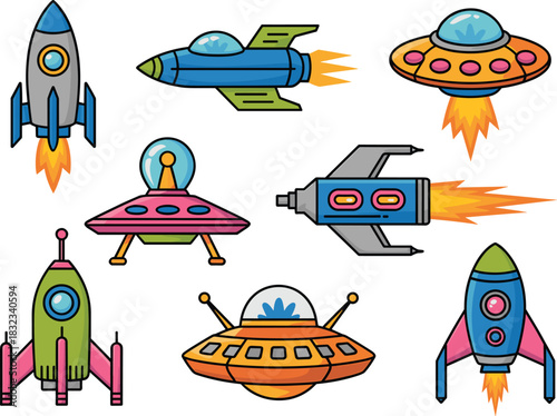 Vibrant retro cartoon spacecraft collection featuring various futuristic rocket ships and UFO flying saucers taking off, ideal as a design element or icon set for kids' games, technology branding, dig
