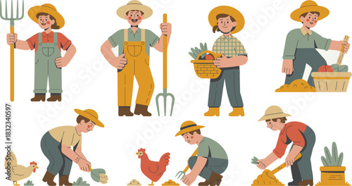 A diverse collection of illustrated farm workers and gardeners, men and women, engaging in agricultural labor, harvesting vegetables, planting seedlings, and tending livestock with pitchforks and shov