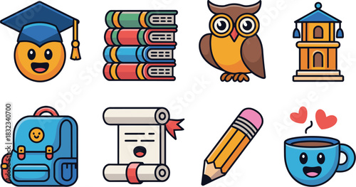 Adorable cartoon education and academic icons collection, flat vector illustration set featuring a happy graduation student emoji, wise owl, stacked books, backpack, diploma scroll, pencil, and coffee
