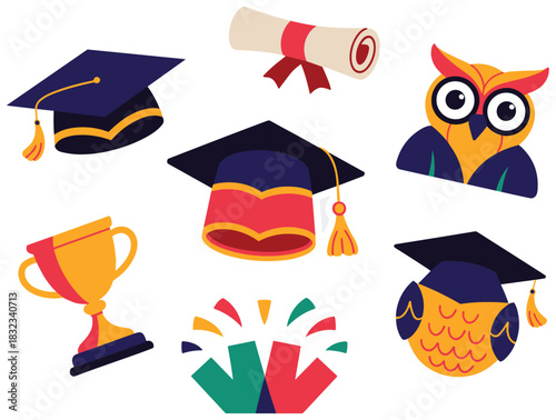 A vibrant set of flat vector graduation stickers including academic mortarboard caps, a rolled diploma scroll, a gold success trophy cup, a cartoon wise owl mascot, and celebration confetti icons, per