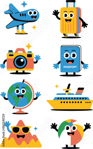 Cheerful collection of cartoon travel and adventure mascots, featuring an airplane, suitcase, passport, camera, globe, cruise ship, mountain, and beach ball, presented in a bright, modern flat vector