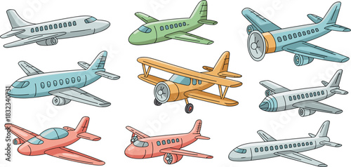 An iconic set of nine diverse stylized aircraft vector illustrations showcasing different passenger jet planes, cargo haulers, biplanes, and single-engine propeller planes in various colors, ideal for