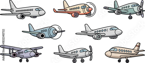 Diverse set of 9 stylized cartoon airplanes, aircraft, and aviation transport vector icons, featuring commercial jetliners and turboprop planes in simple flat design for travel, business logistics, gl