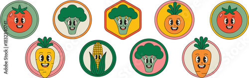 Groovy retro cartoon vegetable characters collection featuring happy smiling broccoli, tomato, corn, and carrot mascots displayed as decorative vintage badges for healthy organic food branding, educat
