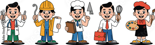 Cute vector illustration of five young boys showcasing professional diversity and future career choices: physician, construction worker, master chef, business leader, and creative artist, ideal for ed