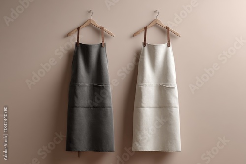 Dark gray and cream apron mockups, a duo of blank cooking uniforms hanging on wooden hangers on a warm beige wall. Apparel templates, stylish display for a kitchen or craft workshop brand.