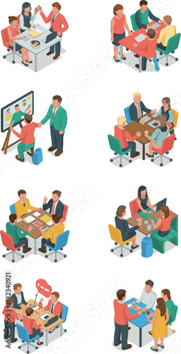 Isometric vector illustration set of diverse professional business teams having collaborative group meetings, discussing strategy, negotiating deals, brainstorming ideas, and presenting data in a dyna