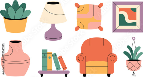 Contemporary flat design vector set of essential home decoration elements, including a cozy orange armchair, stylish table lamp, framed artwork, vase, shelf of books, and succulent houseplant, perfect