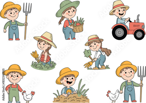 Happy cartoon children farmers set engaging in various farming activities, including driving a tractor, digging, and vegetable harvest; rural agriculture lifestyle education vector graphics for wholes